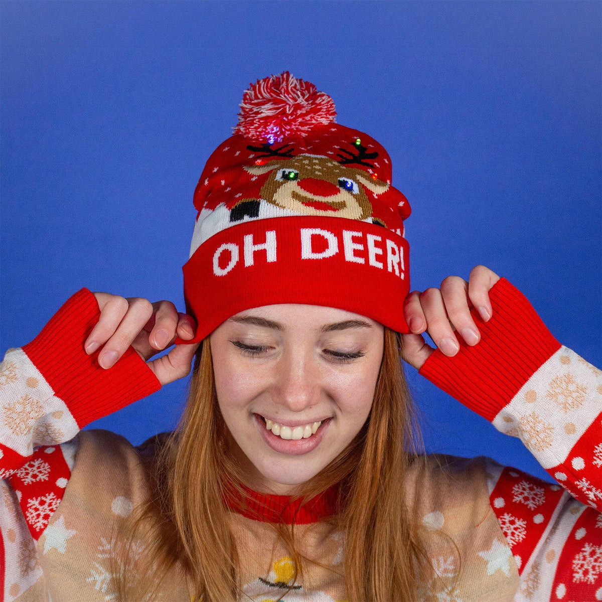 JAP Kerstmuts met gekleurde lichtjes - OH DEER! - Rood, gedragen