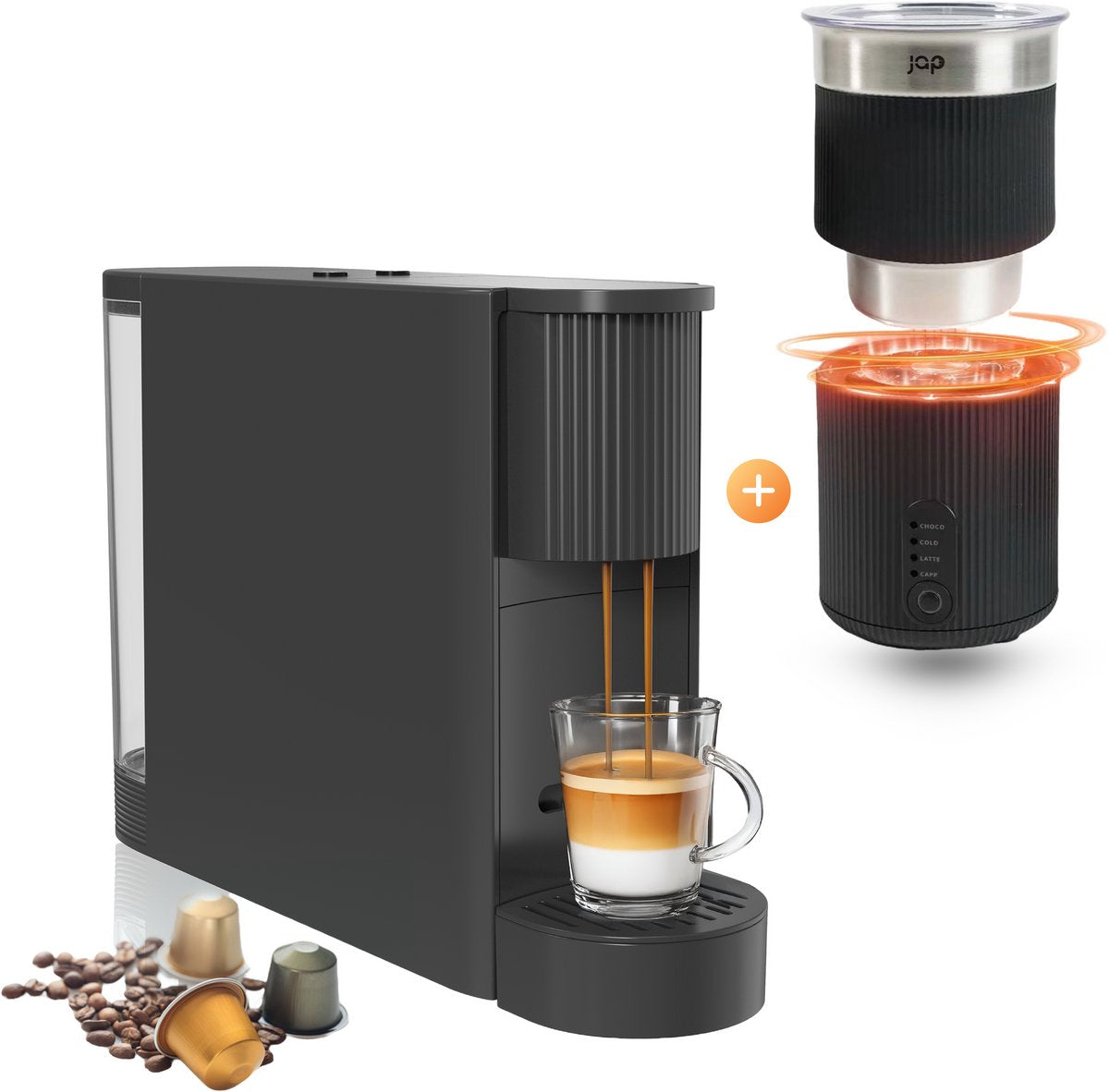 Zwarte JAP Capsura koffiecupmachine met latte macchiato naast de Milky Whirl melkopschuimer