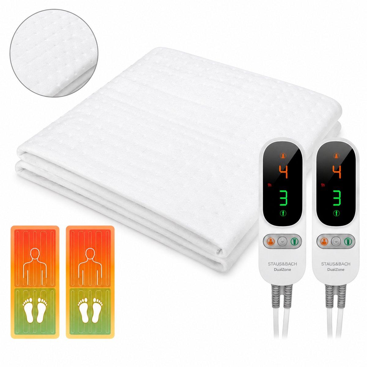 DualZone elektrische onderdeken met twee bedieningen en verwarmingszones voor lichaam en voeten, 200 x 160 cm