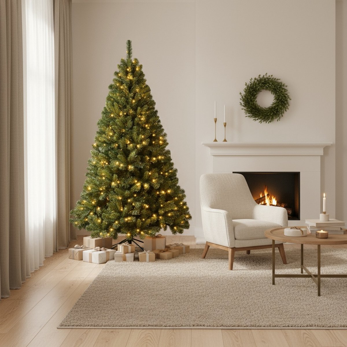 PristinePine kerstboom met warm witte verlichting in een woonkamer bij de open haard