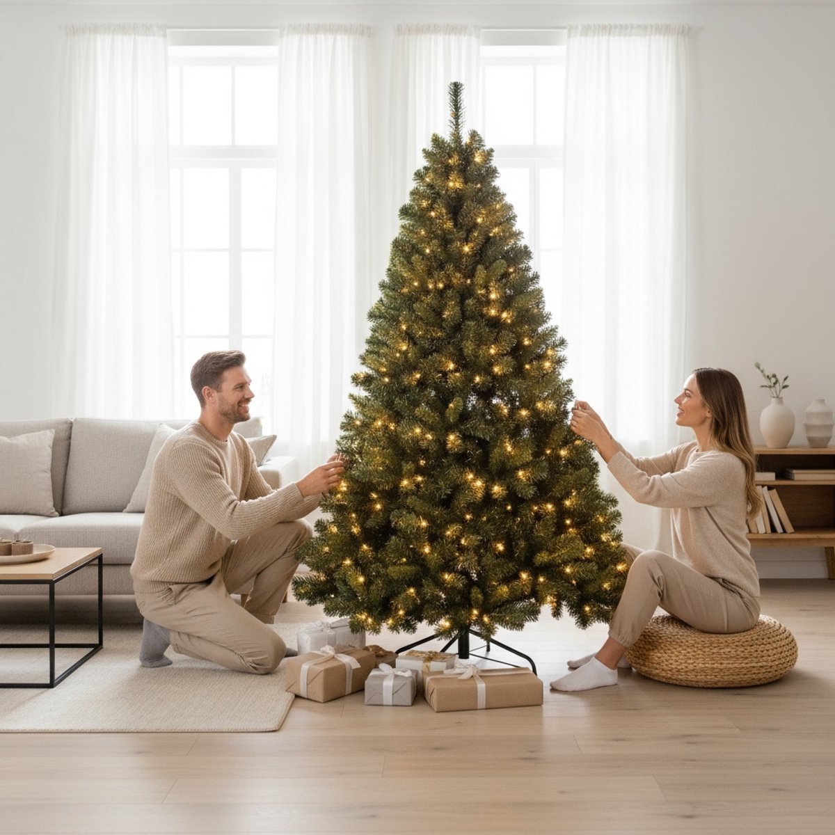 Stel tuigt de PristinePine kerstboom met warm witte verlichting op in de woonkamer
