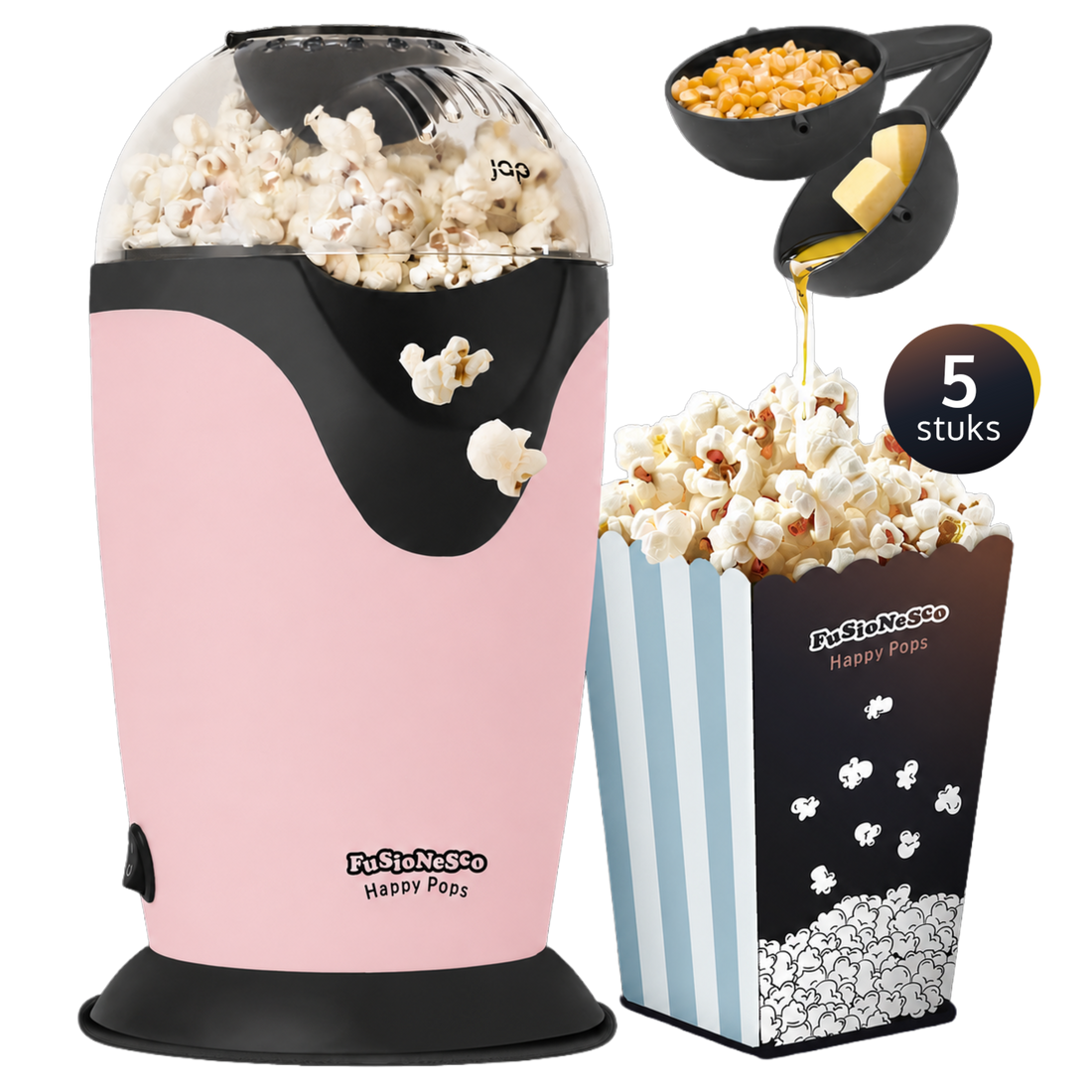 Roze JAP HappyPops popcornmachine met maatlepel met boter en een gestreept popcornbakje