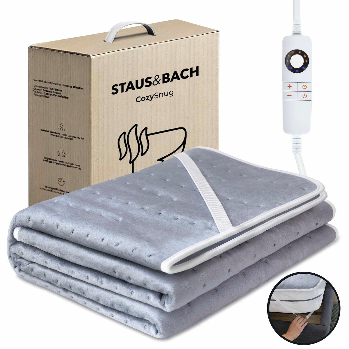STAUS&BACH CozySnug elektrische onderdeken 2-persoons, grijs, detail