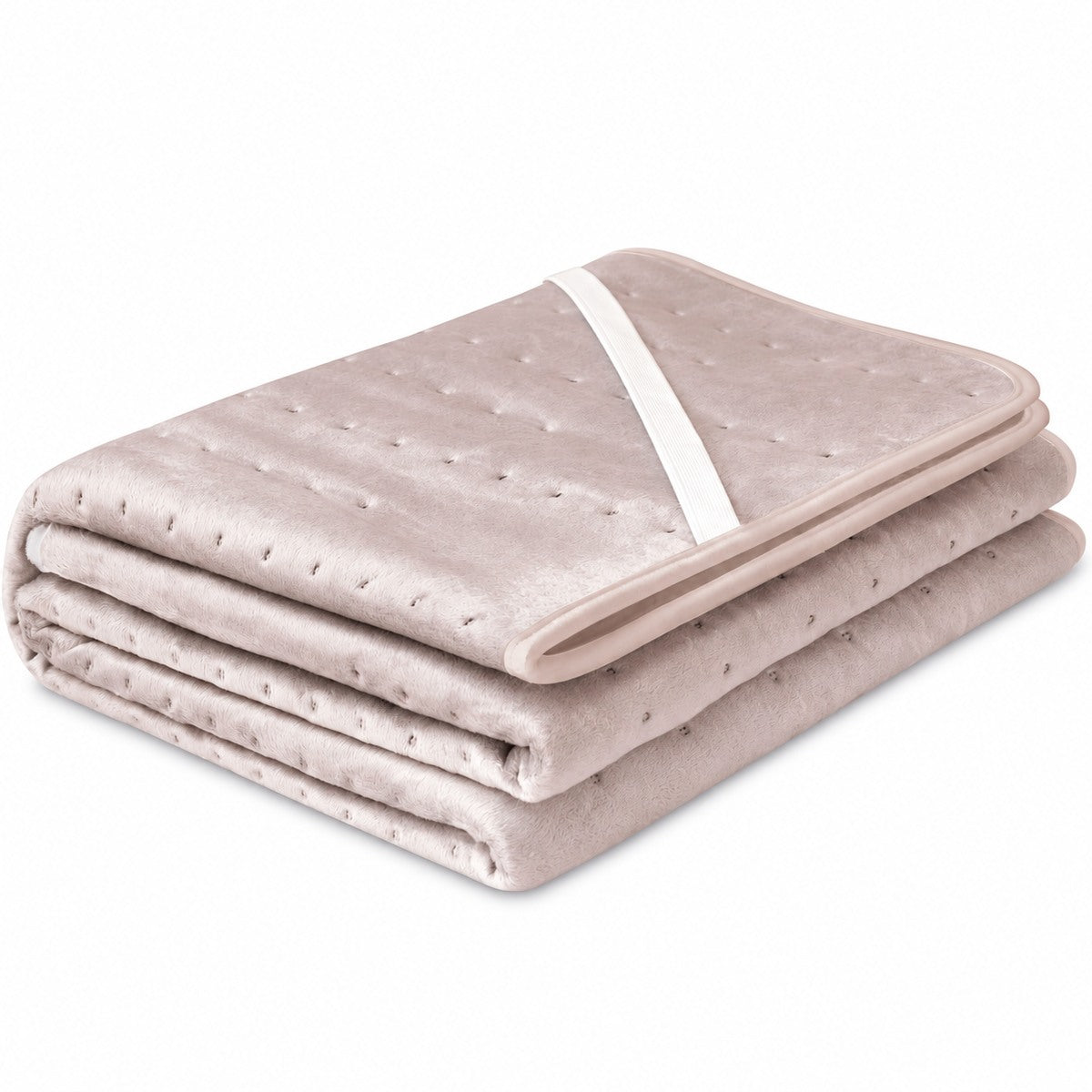 CozySnug elektrische onderdeken in dusty pink, opgevouwen met witte rand en band