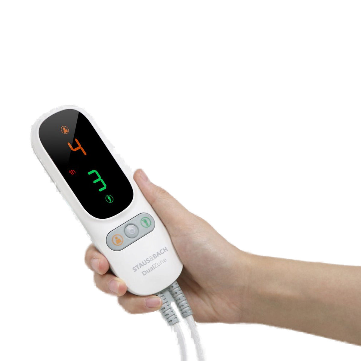 Bediening van de DualZone elektrische onderdeken met display en knoppen, in de hand