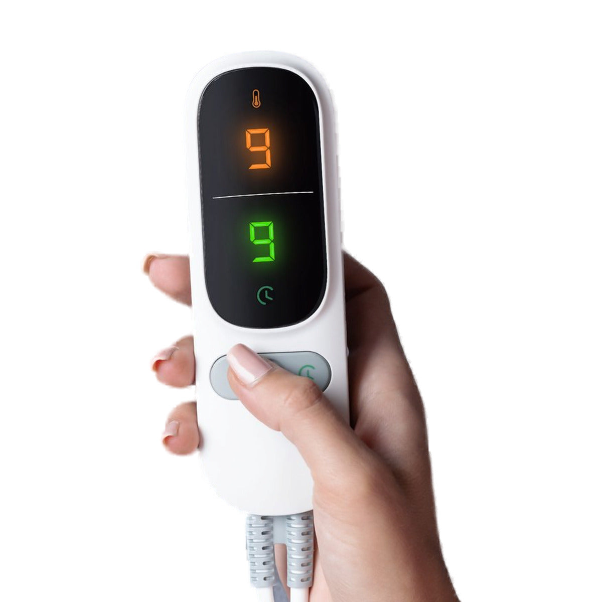 Bediening van de PowerNap elektrische deken met display en knoppen, in de hand