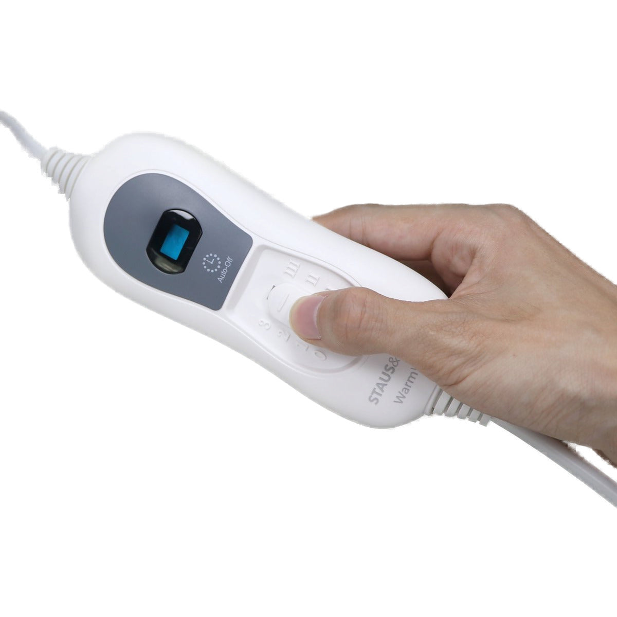 Witte bediening van het WarmWrap XXL warmtekussen met display, in de hand