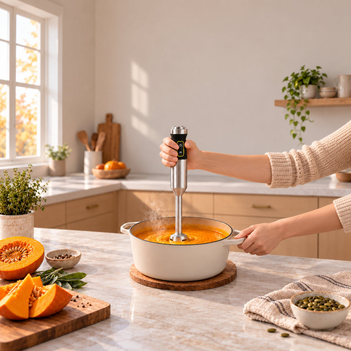 JAP ForceBlend F3 staafmixer set met foodprocessor in gebruik