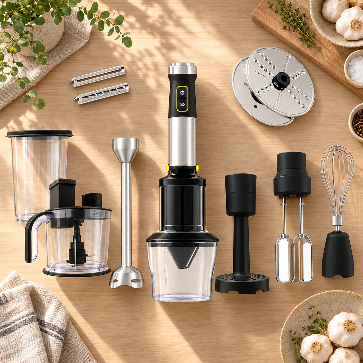 JAP ForceBlend F3 staafmixer set met foodprocessor in gebruik