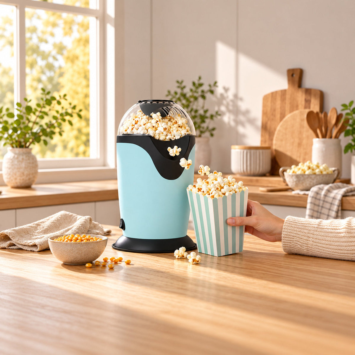 JAP HappyPops popcornmachine met hete lucht, 1200 W, blauw in gebruik