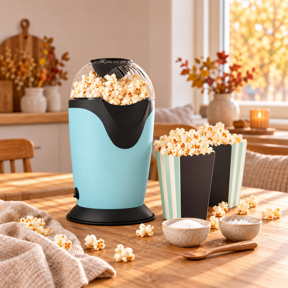 JAP HappyPops popcornmachine met hete lucht, 1200 W, blauw in gebruik
