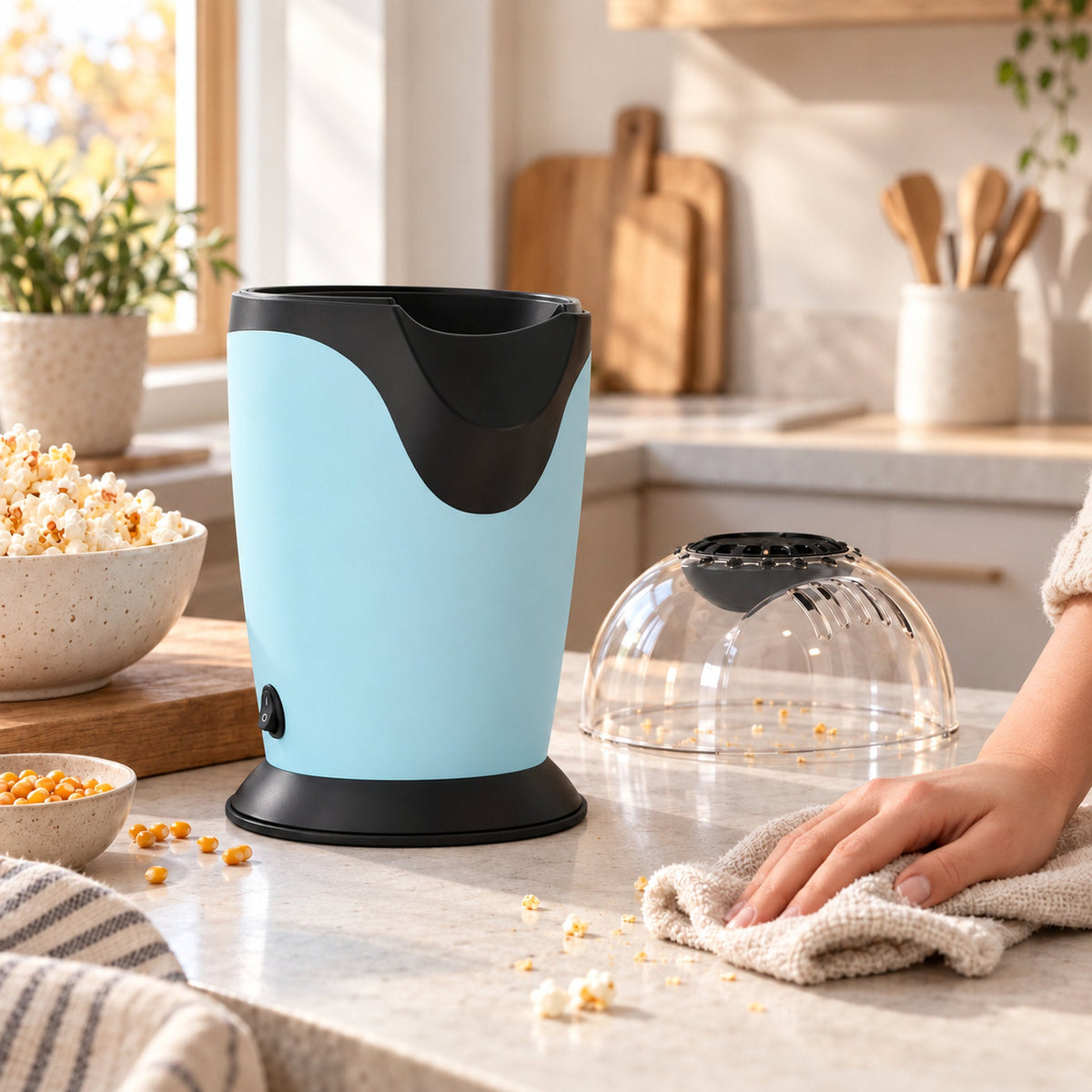 JAP HappyPops popcornmachine met hete lucht, 1200 W, blauw in gebruik
