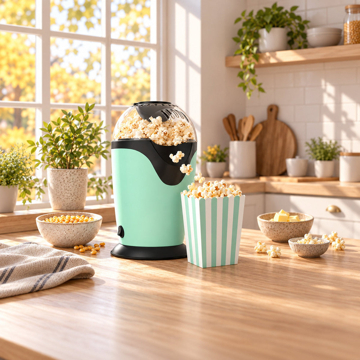 JAP HappyPops popcornmachine met hete lucht, 1200 W, groen in gebruik
