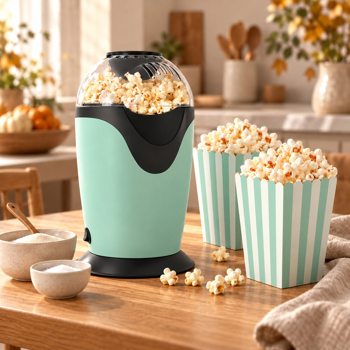 JAP HappyPops popcornmachine met hete lucht, 1200 W, groen in gebruik