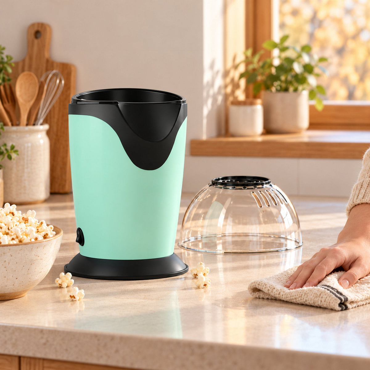 JAP HappyPops popcornmachine met hete lucht, 1200 W, groen in gebruik