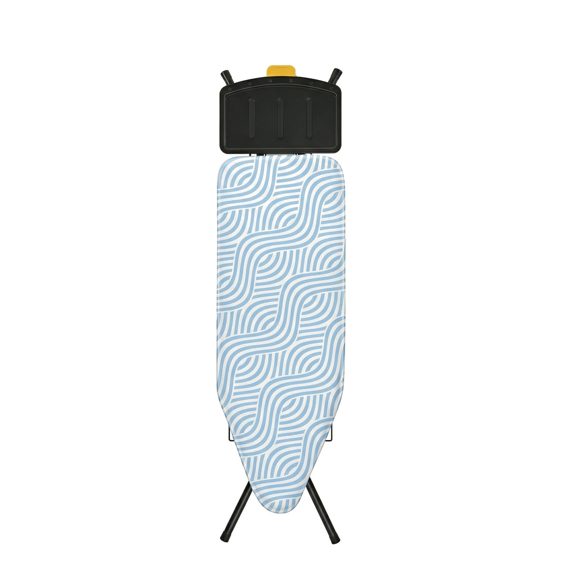 Ironiq Pro X strijkplank voor stoomgenerator in blauw, ingeklapt en rechtop van voren