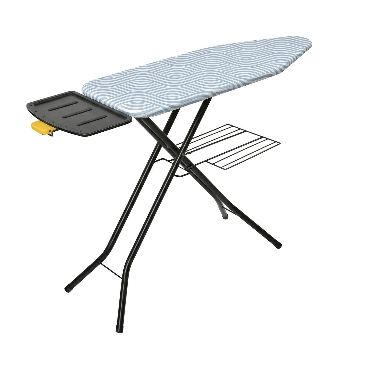 Ironiq Pro X strijkplank voor stoomgenerator in blauw, uitgeklapt met houder voor de stoomunit en opvouwrek