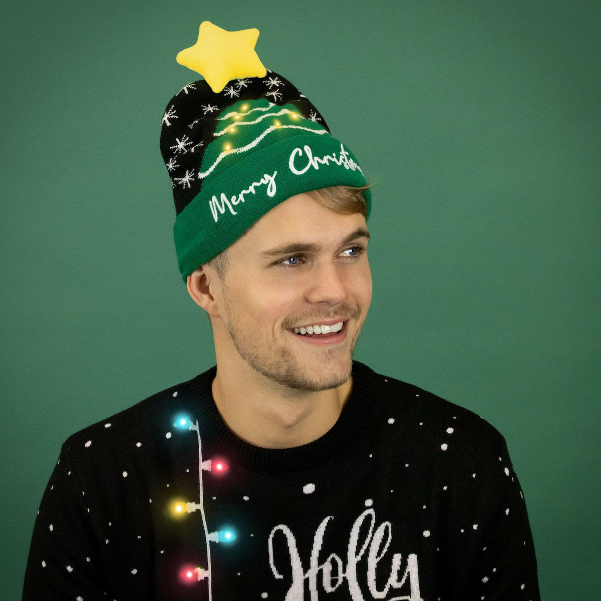 JAP Kerstmuts met lichtjes - Kerstboom - Groen/Zwart, gedragen