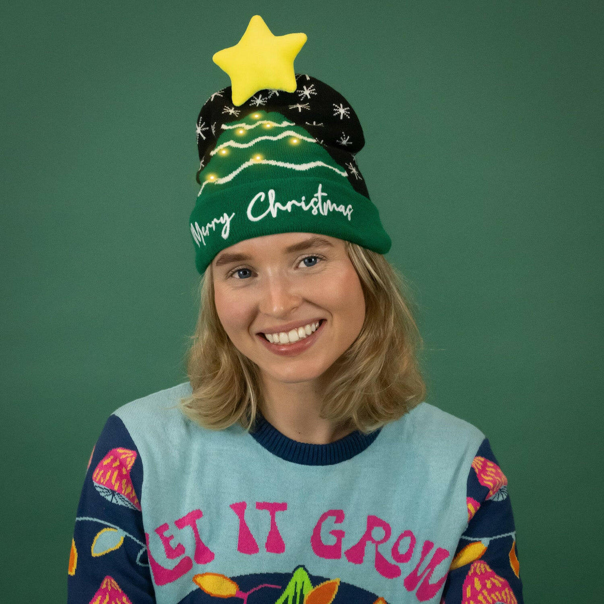 JAP Kerstmuts met lichtjes - Kerstboom - Groen/Zwart, gedragen