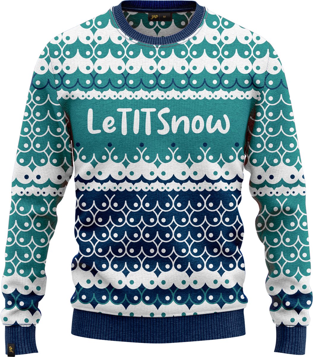Voorkant JAP Foute kersttrui LeTITSnow in blauwgroen, wit en donkerblauw