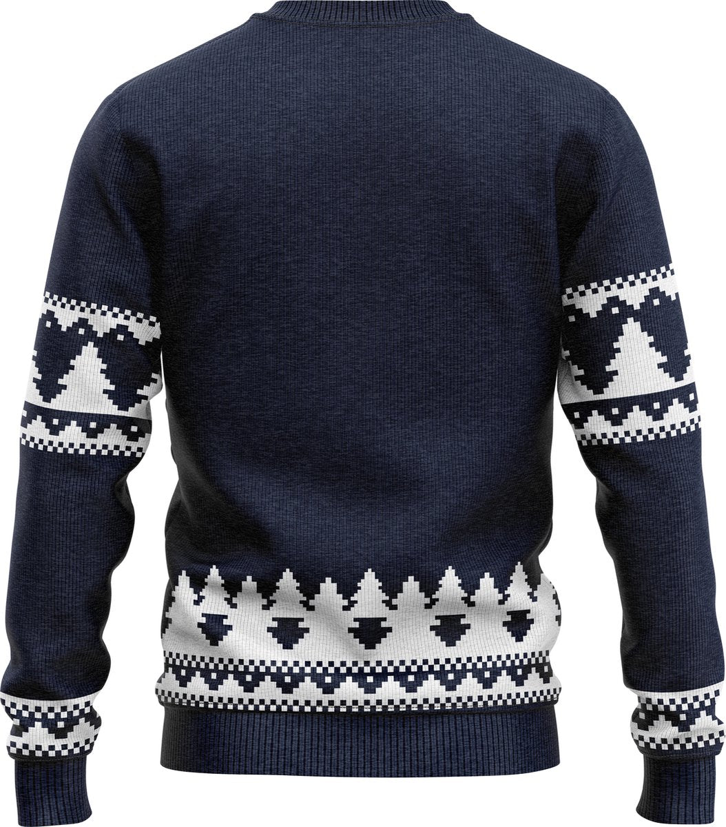 Achterkant van de donkerblauwe Santa Let it Snow kersttrui met boompjesrand