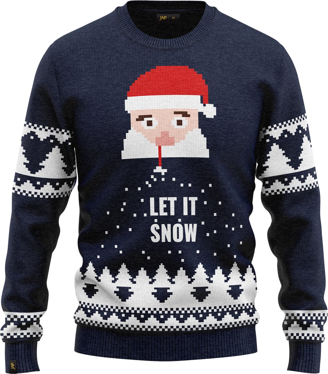 Voorkant donkerblauwe JAP Foute kersttrui Santa Let it Snow met pixel-kerstman