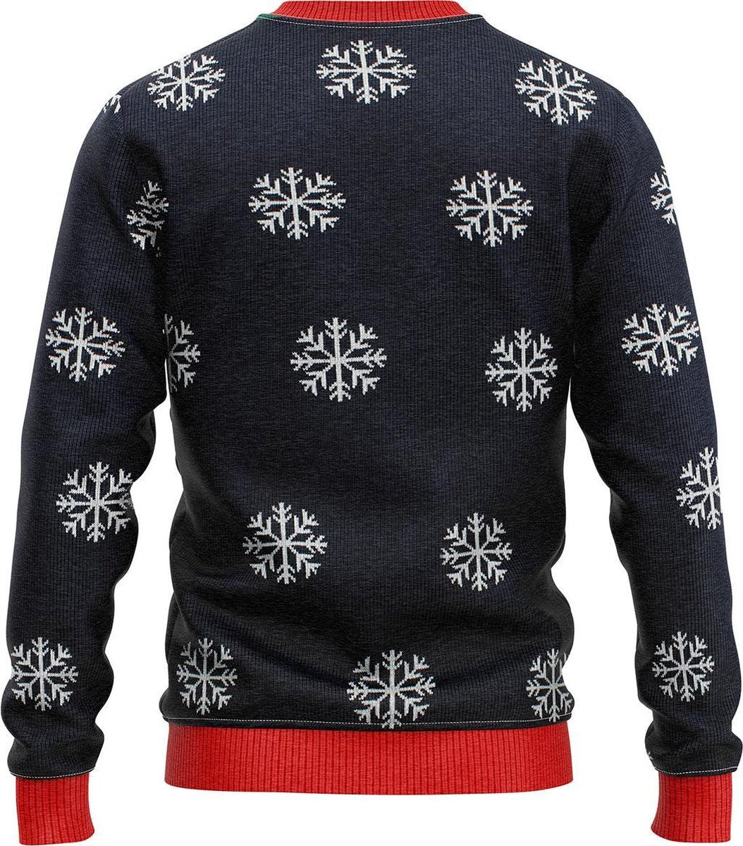 Achterkant van de donkerblauwe Santastring kersttrui met sneeuwvlokken