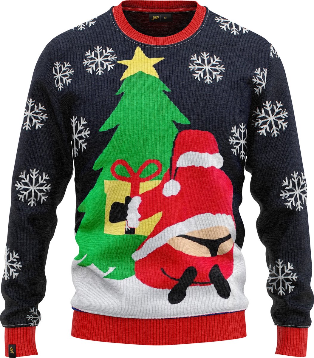 Voorkant donkerblauwe JAP Foute kersttrui Santastring: kerstman in string bij boom