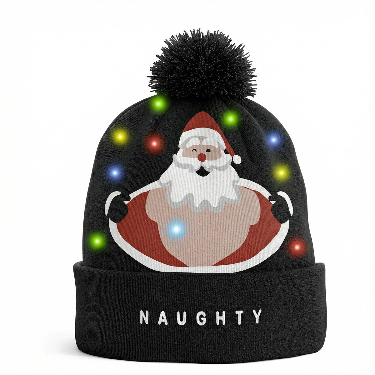 Achterkant van de zwarte JAP kerstmuts Nice/Naughty met Kerstman en NAUGHTY