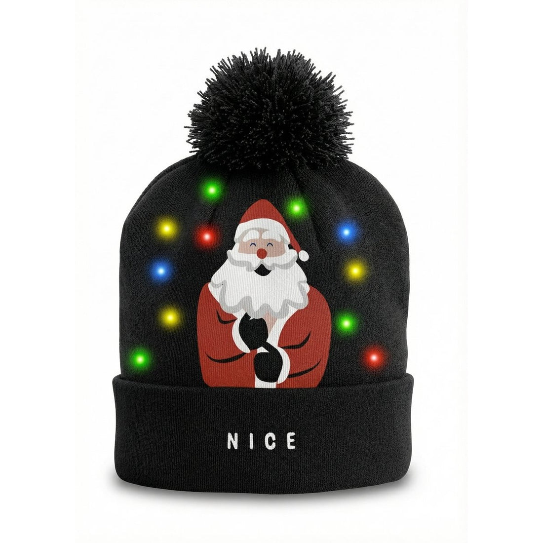 Zwarte JAP kerstmuts met lichtjes Nice/Naughty, voorkant met Kerstman en NICE