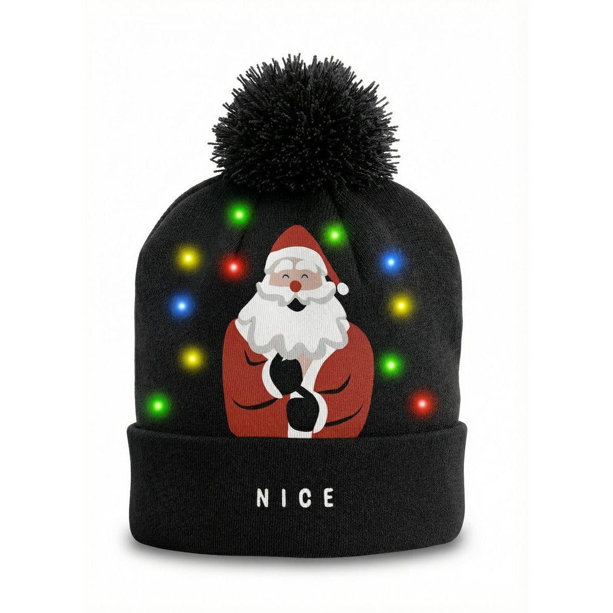 Zwarte JAP kerstmuts met lichtjes Nice/Naughty, voorkant met Kerstman en NICE