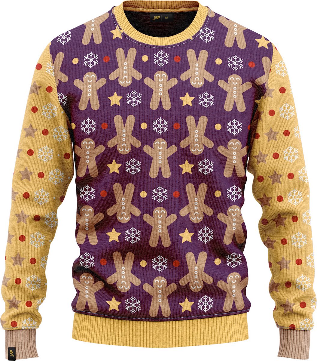 Paarse JAP Kersttrui Gingerbread met gele mouwen, voorkant met peperkoekmannetjes