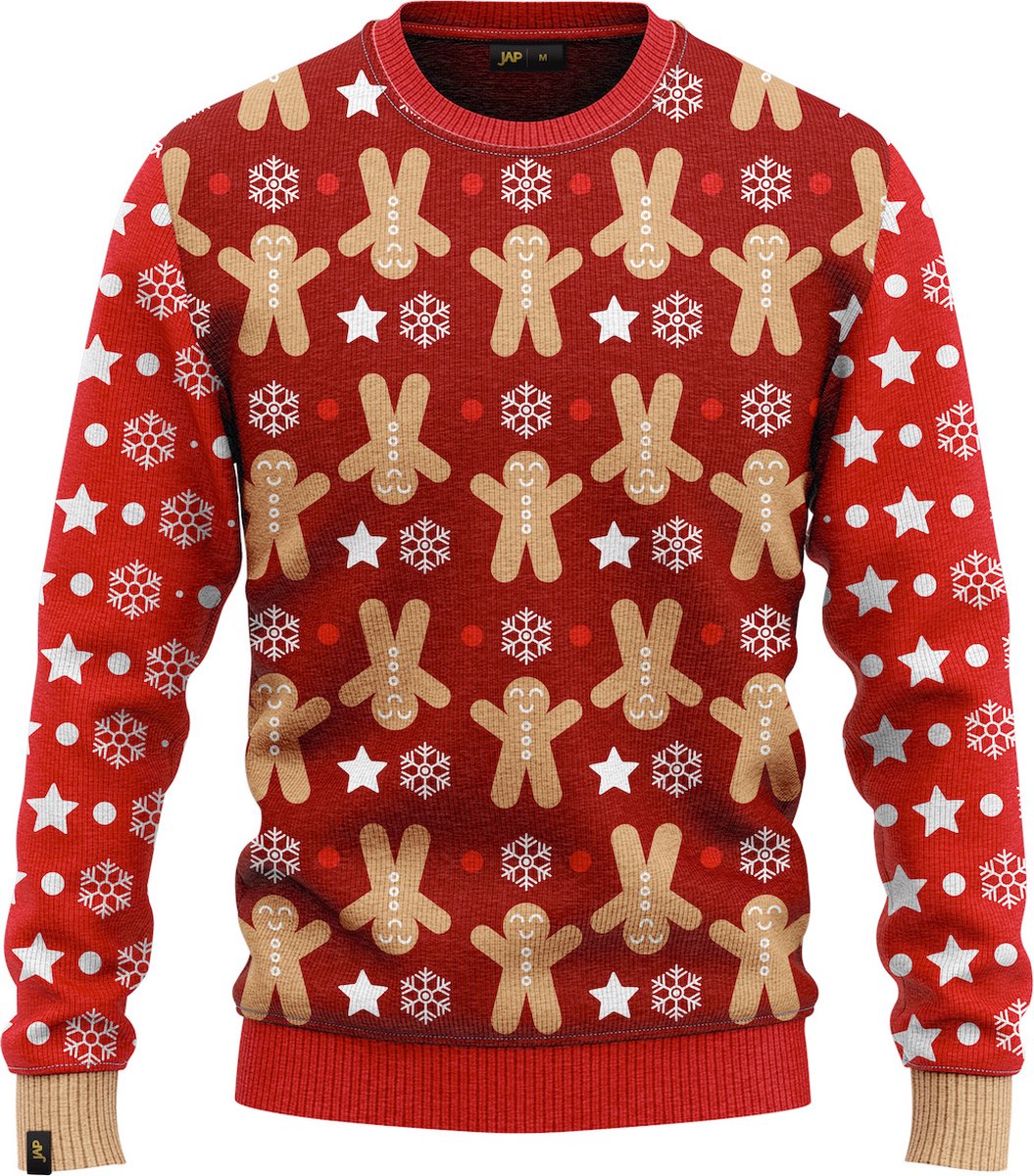 Bordeauxrode JAP Kersttrui Gingerbread voorkant met peperkoekmannetjes, sterren en sneeuwvlokken