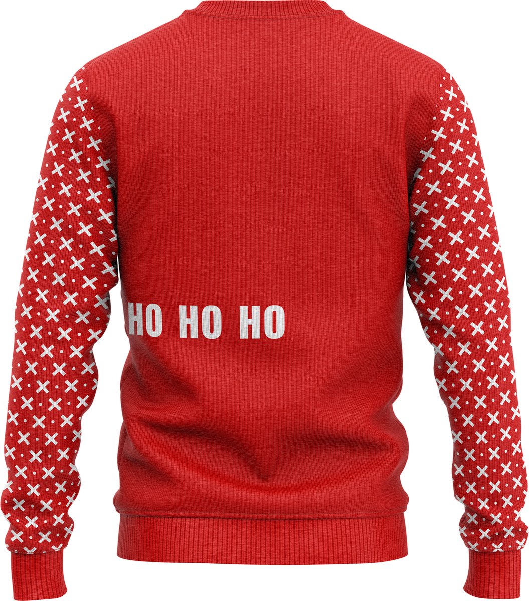 Rode JAP Kersttrui Santa ho ho ho, achterkant met de tekst HO HO HO