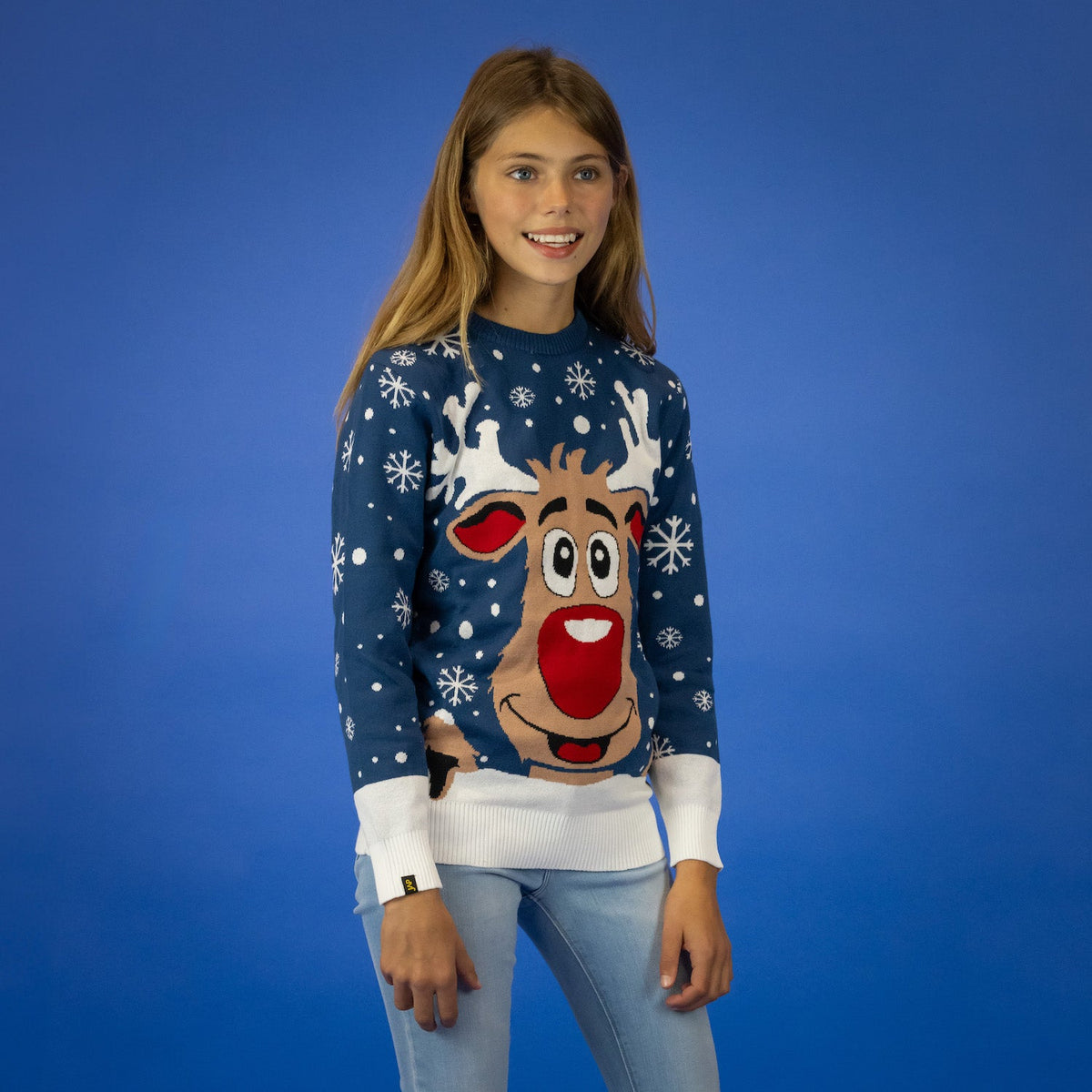 JAP Kersttrui - Rudolf het Rendier - Donker Blauw, gedragen
