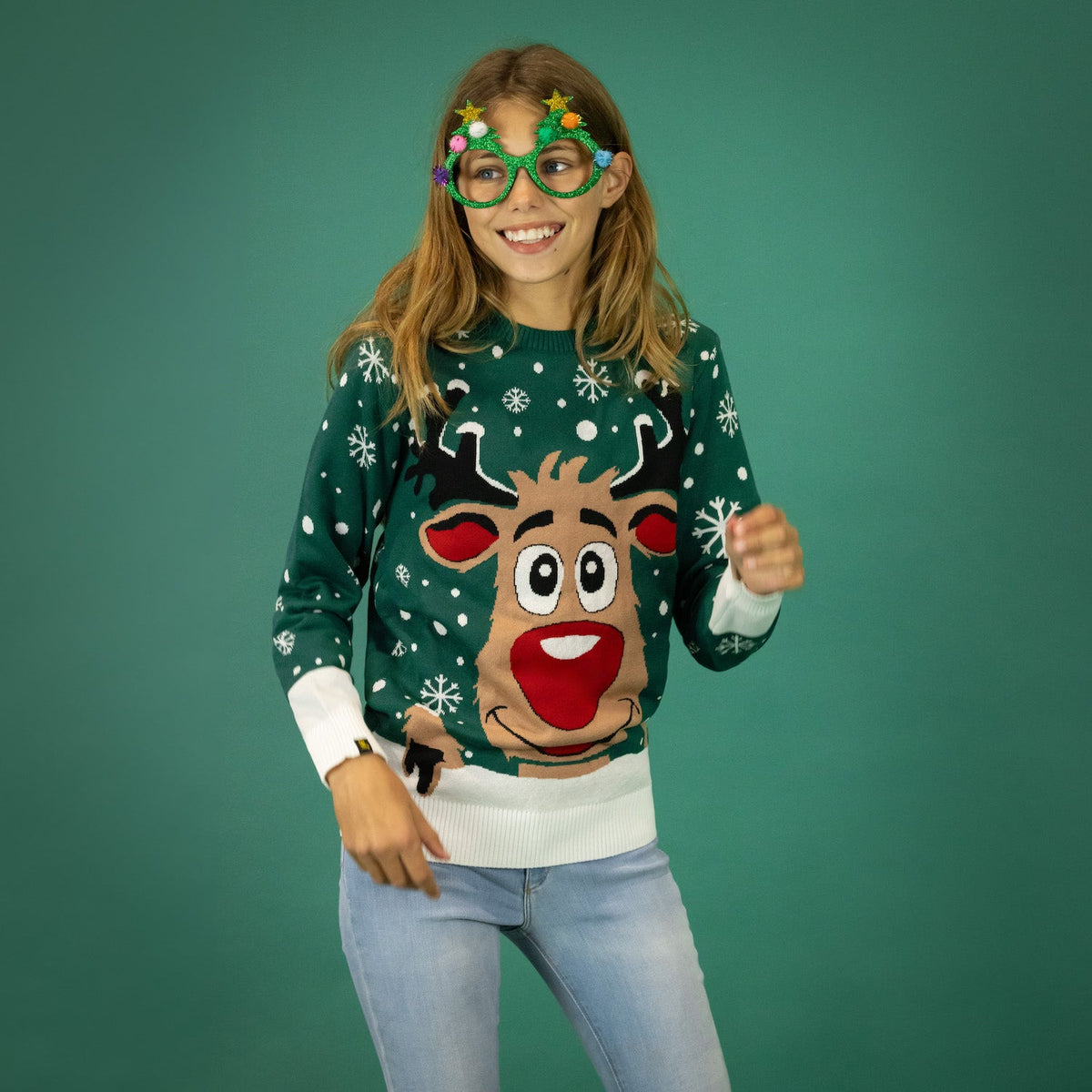 JAP Kersttrui - Rudolf het Rendier - Groen, gedragen