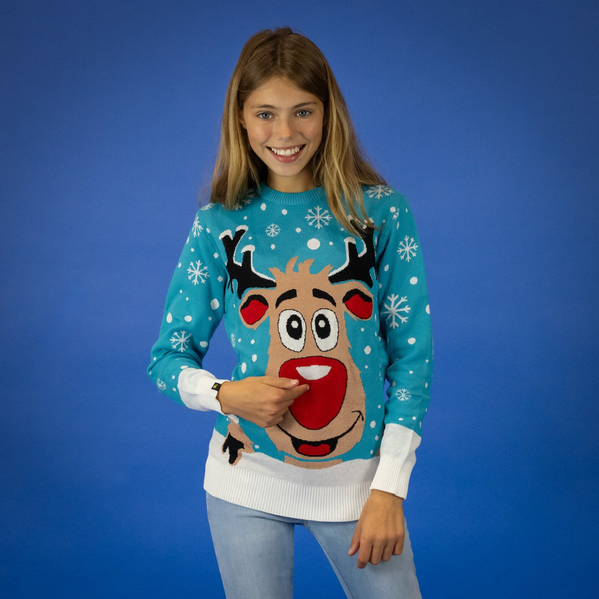 JAP Kersttrui - Rudolf het Rendier - Licht Blauw, gedragen