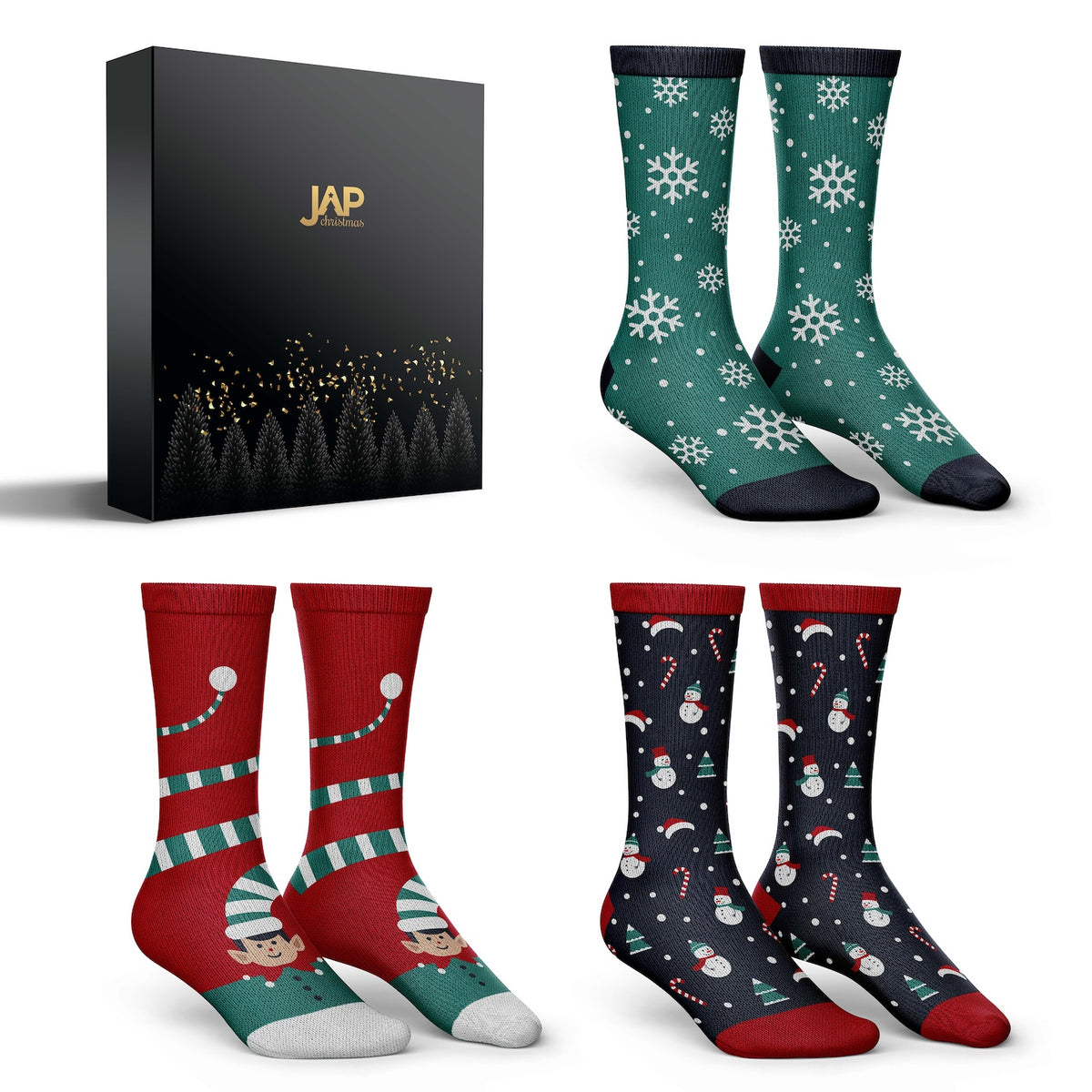 JAP - 3 Paar Kerstsokken met Cadeauverpakking