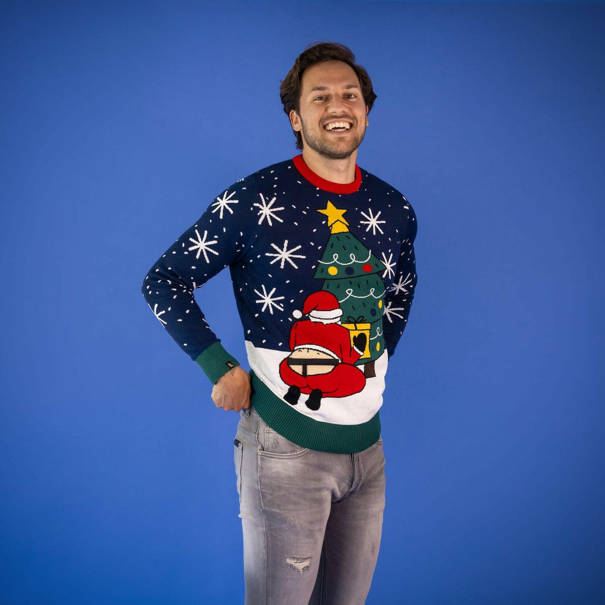 JAP Interactieve Kersttrui - Santastring, gedragen