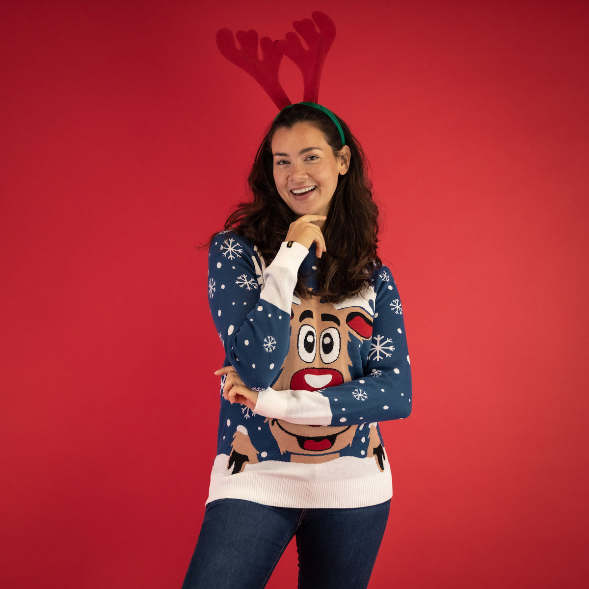 JAP Kersttrui - Rudolf het Rendier - Donker Blauw, gedragen
