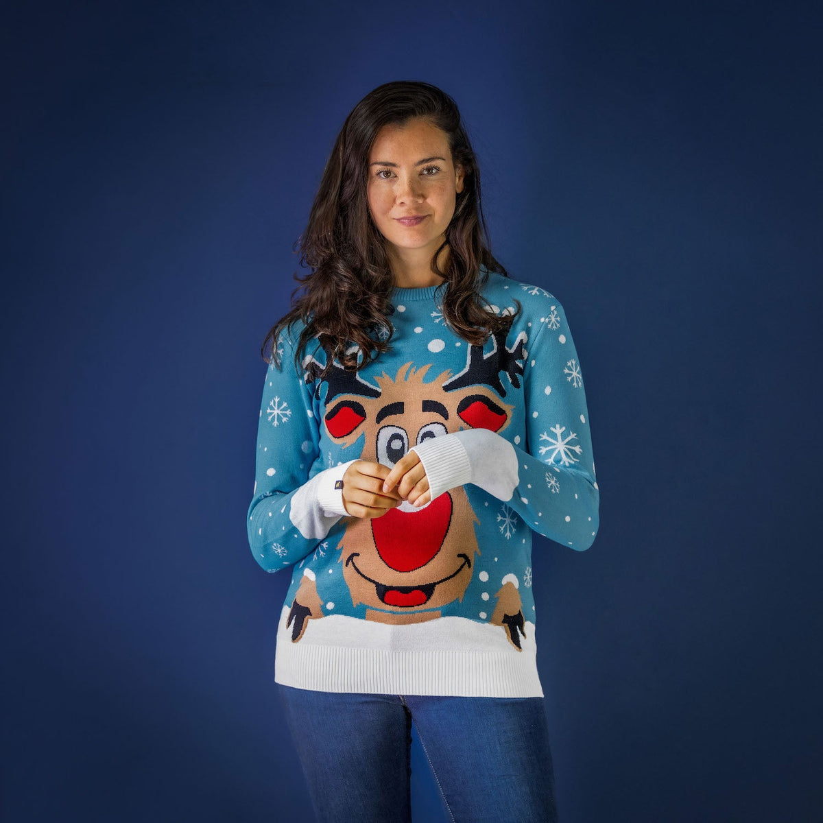 JAP Kersttrui - Rudolf het Rendier - Licht Blauw, gedragen