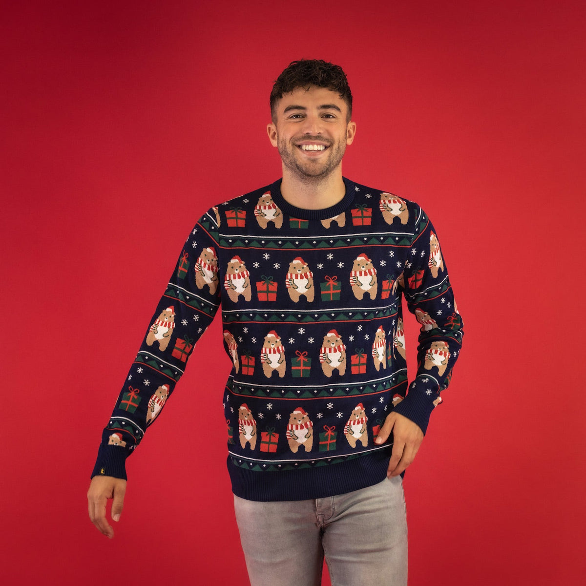 JAP Kersttrui - Beer met geschenk - Donker Blauw, gedragen