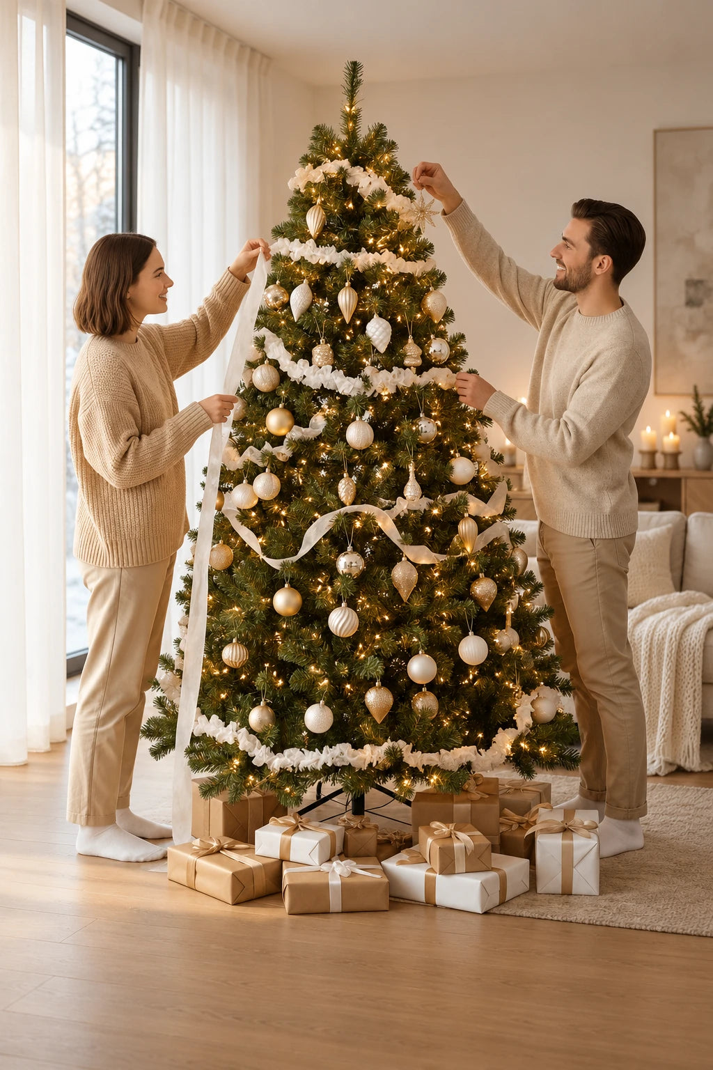 Twee volwassenen versieren een kerstboom