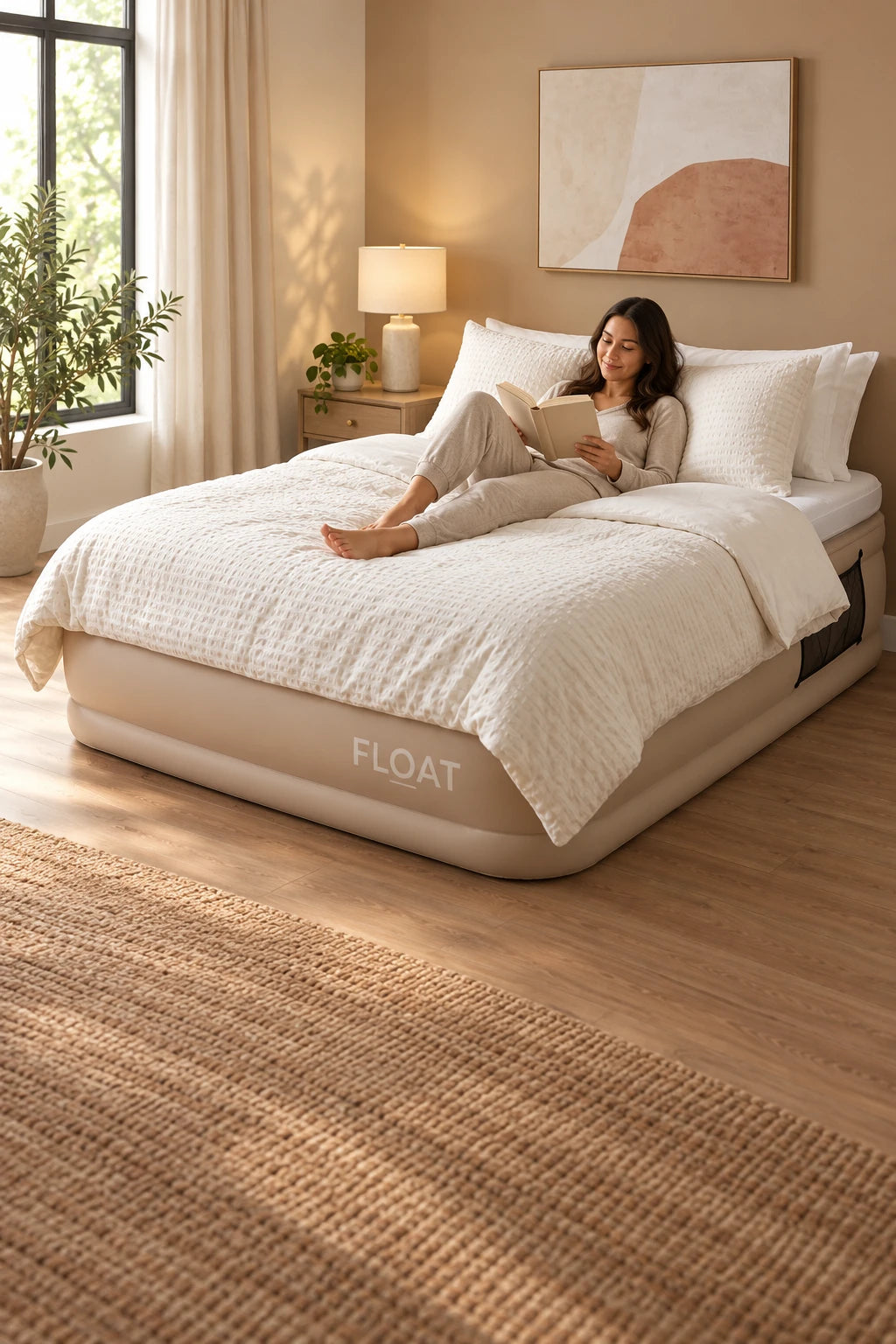 Beige FLOAT luchtbed in een slaapkamer