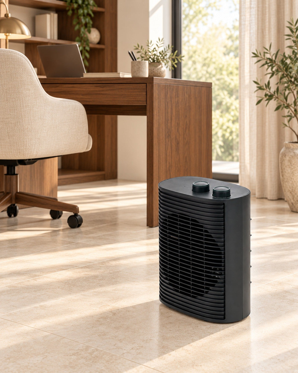 Infernis ventilatorkachel in donkergrijs op een stenen vloer bij een houten bureau