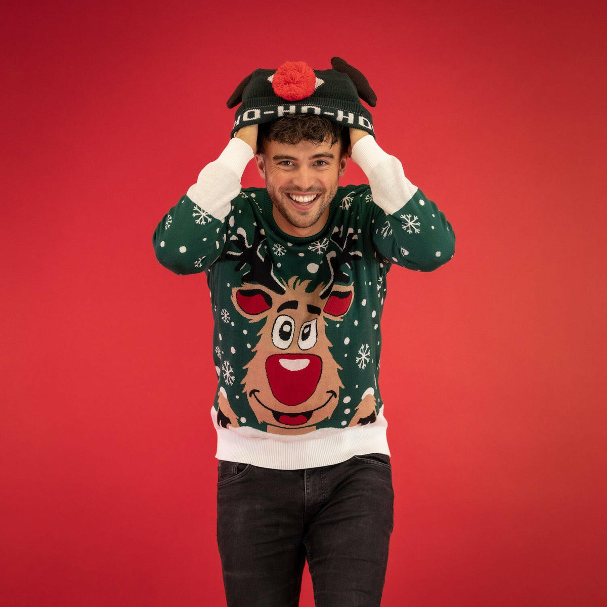 JAP Kerstmuts met hoorntjes en 3D neus - Rudolf het Rendier - Groen, gedragen
