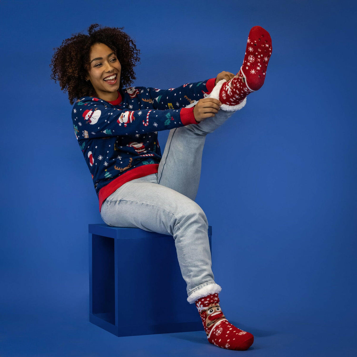 JAP Kerstsokken met anti slip - Rudolf het Rendier - Rood, gedragen