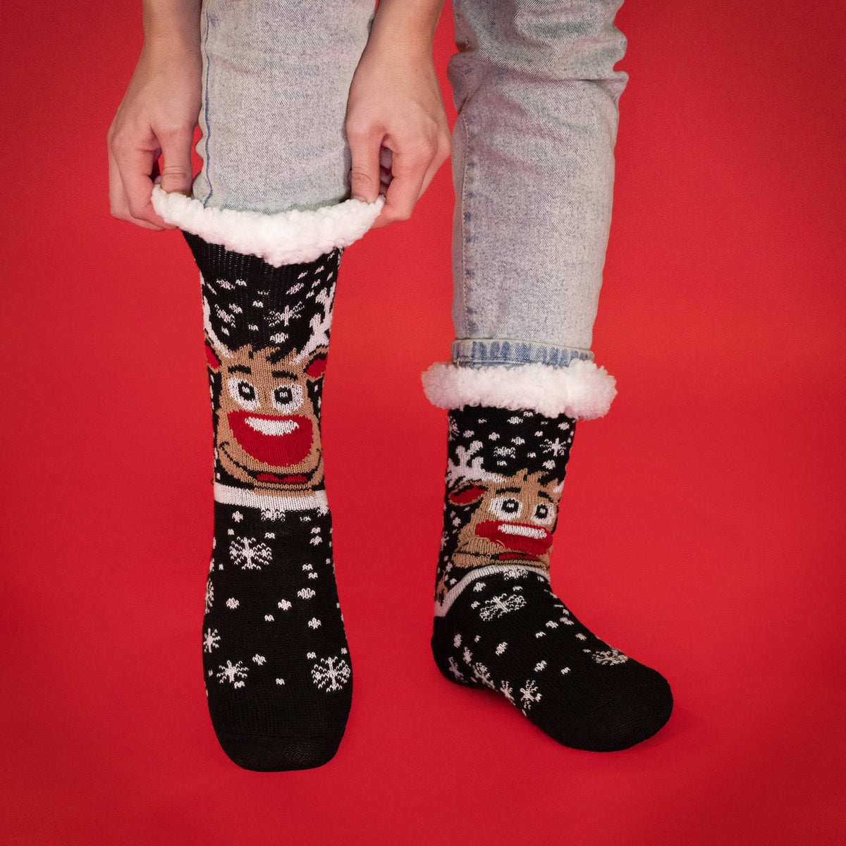 JAP Kerstsokken met anti slip - Rudolf het Rendier - Zwart, gedragen