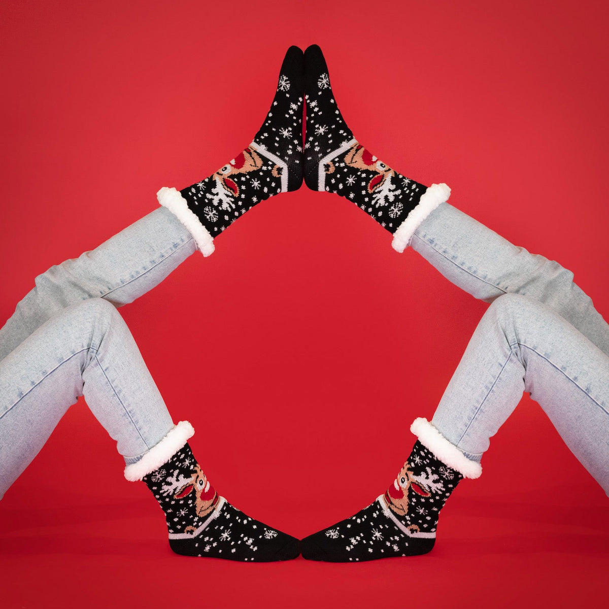 JAP Kerstsokken met anti slip - Rudolf het Rendier - Zwart, gedragen