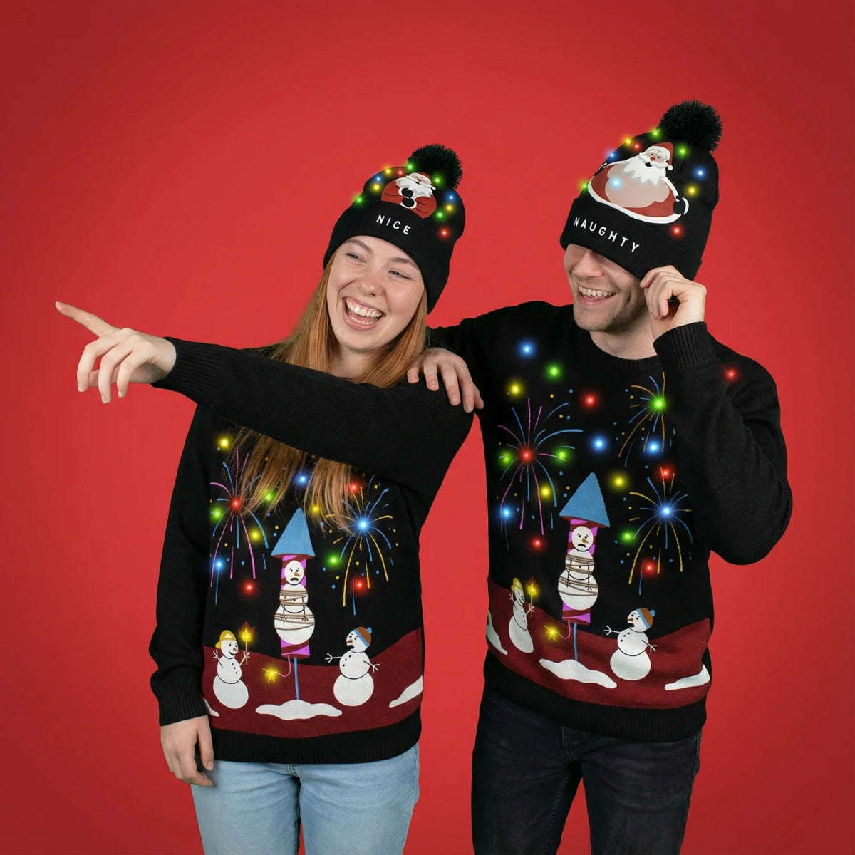 Kerstmuts met lichtjes - Nice/Naughty Kerstman - Zwart, gedragen
